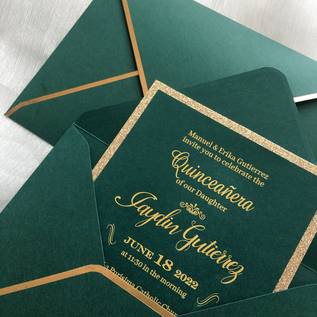 Luxury Gold Glitter Rose And Green Wedding Invitation With Gold Foil P