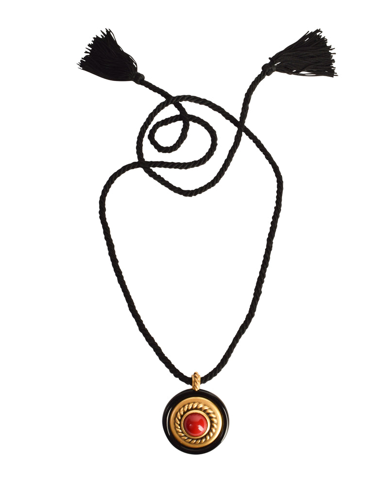 Yves Saint Laurent Vintage 1983 Black Red Gold Cabochon Pendant Rope N Amarcord Vintage Fashion