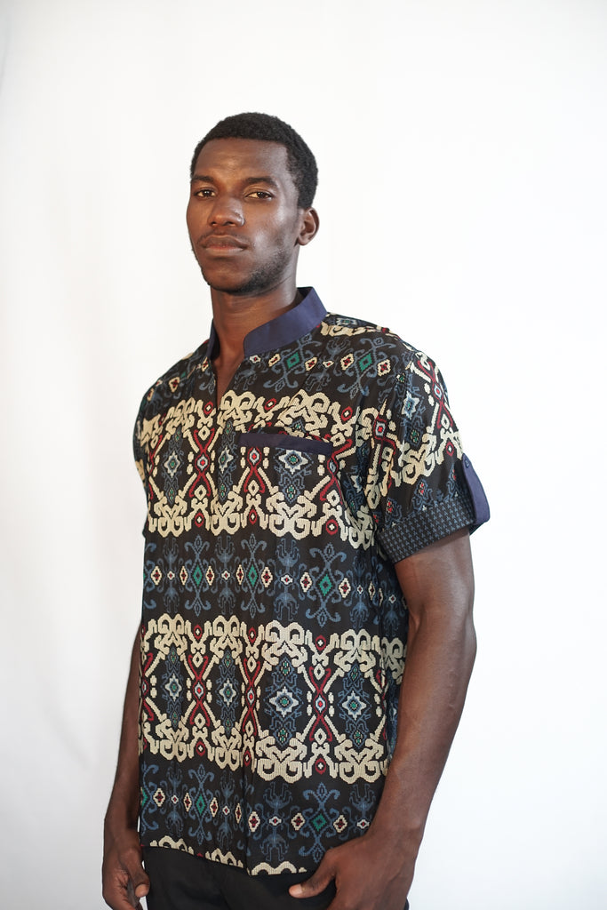 Chemise Courte Manche Col Mao Pagne Soie Homme Ebene Heritage