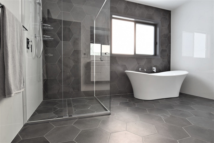 84 Bathrooms Hexagonal Charcoal Tiles Contrast Against All White W Ats Tiles Bathrooms