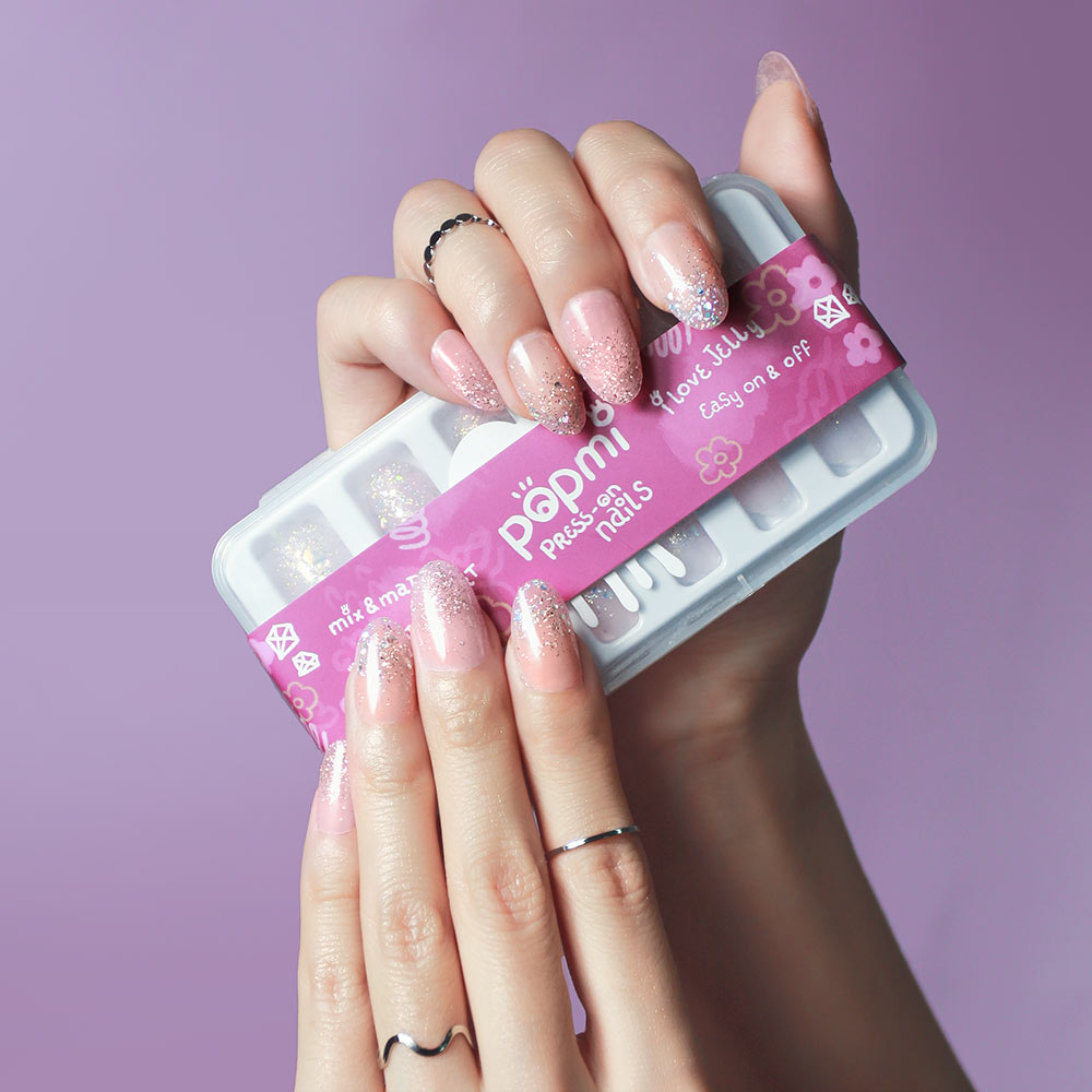 Popmi 24pcs Reusable Press On Nails Glisten Opus Pink Purple Fake Nails Short Length Nude Jelly Glitter Finish Artificial Manicure Summer Manicure Popmibeauty