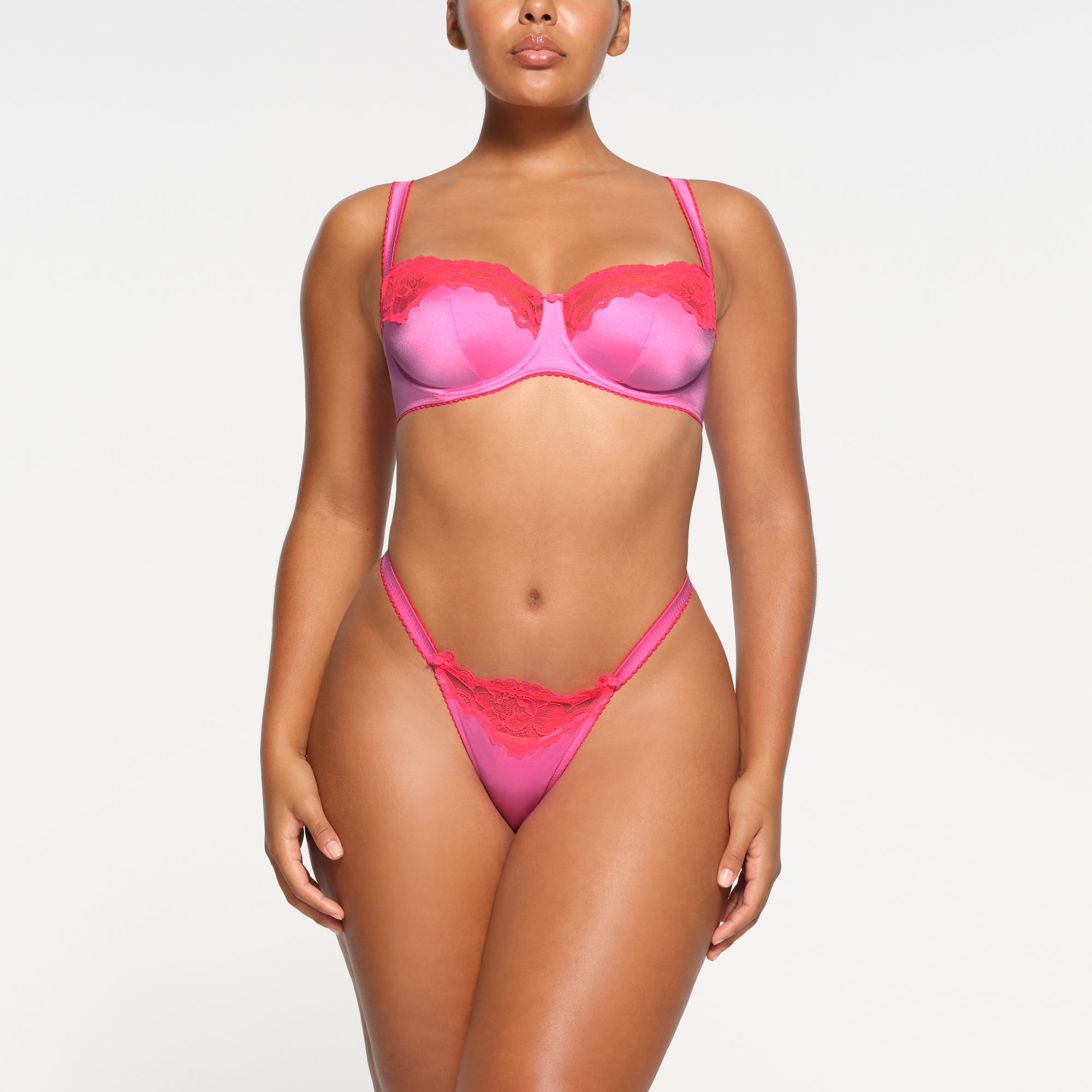 STRETCH SATIN LACE UNLINED BALCONETTE BRA | NEON ORCHID MULTI ON A MODEL FRONT VIEW