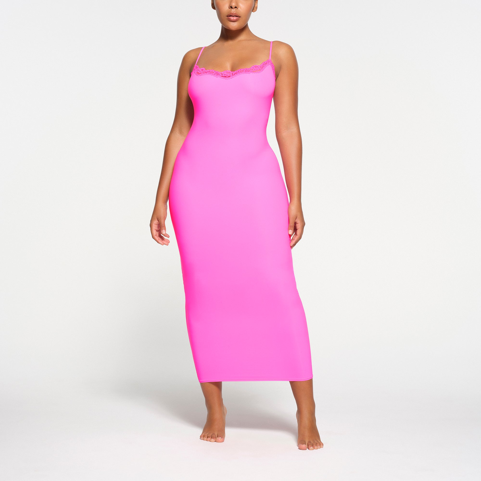FITS EVERYBODY LACE LONG SLIP DRESS | TAFFY MULTI ON A MODEL FRONT VIEW