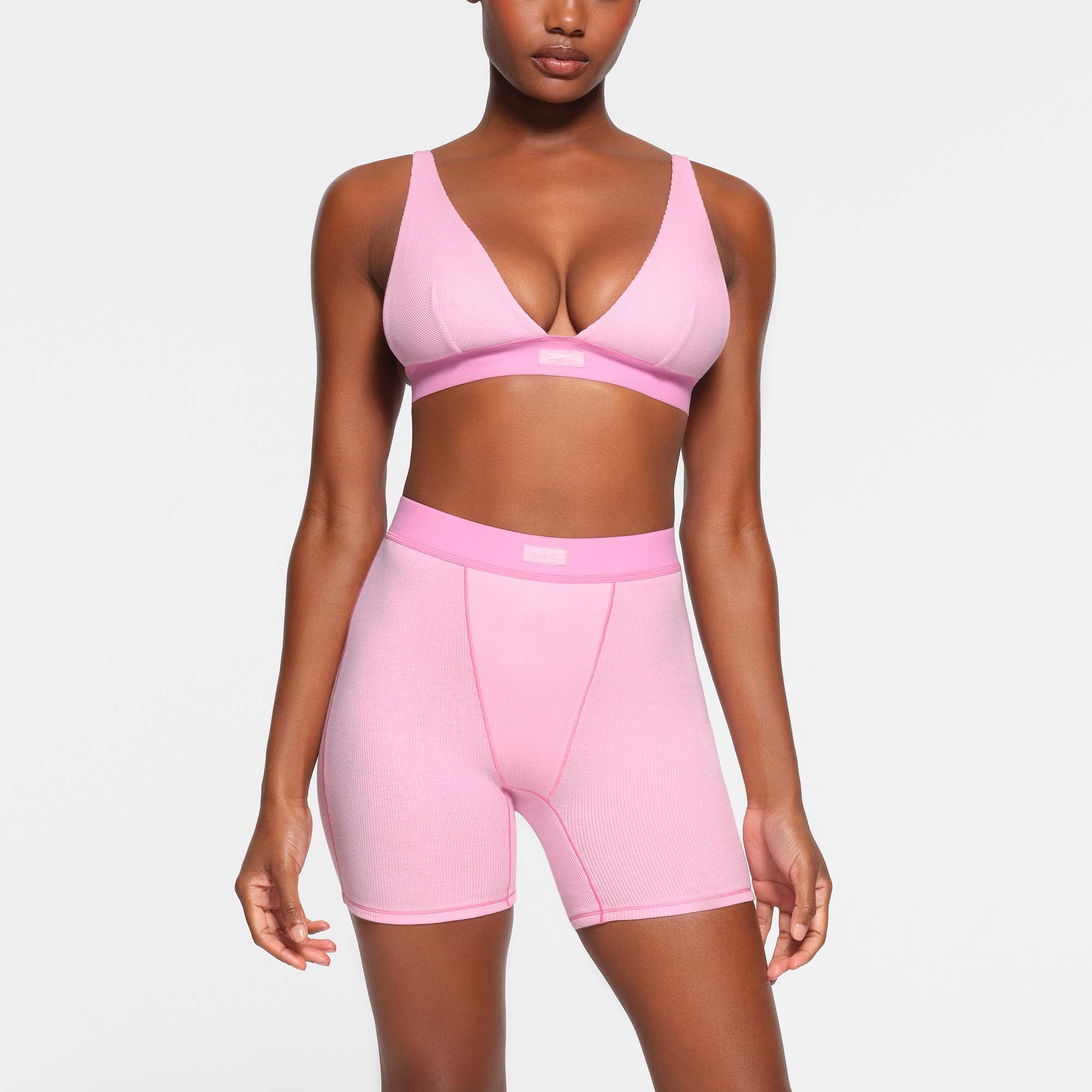 COTTON RIB BOXER | BUBBLE GUM ON A MODEL FRONT VIEW