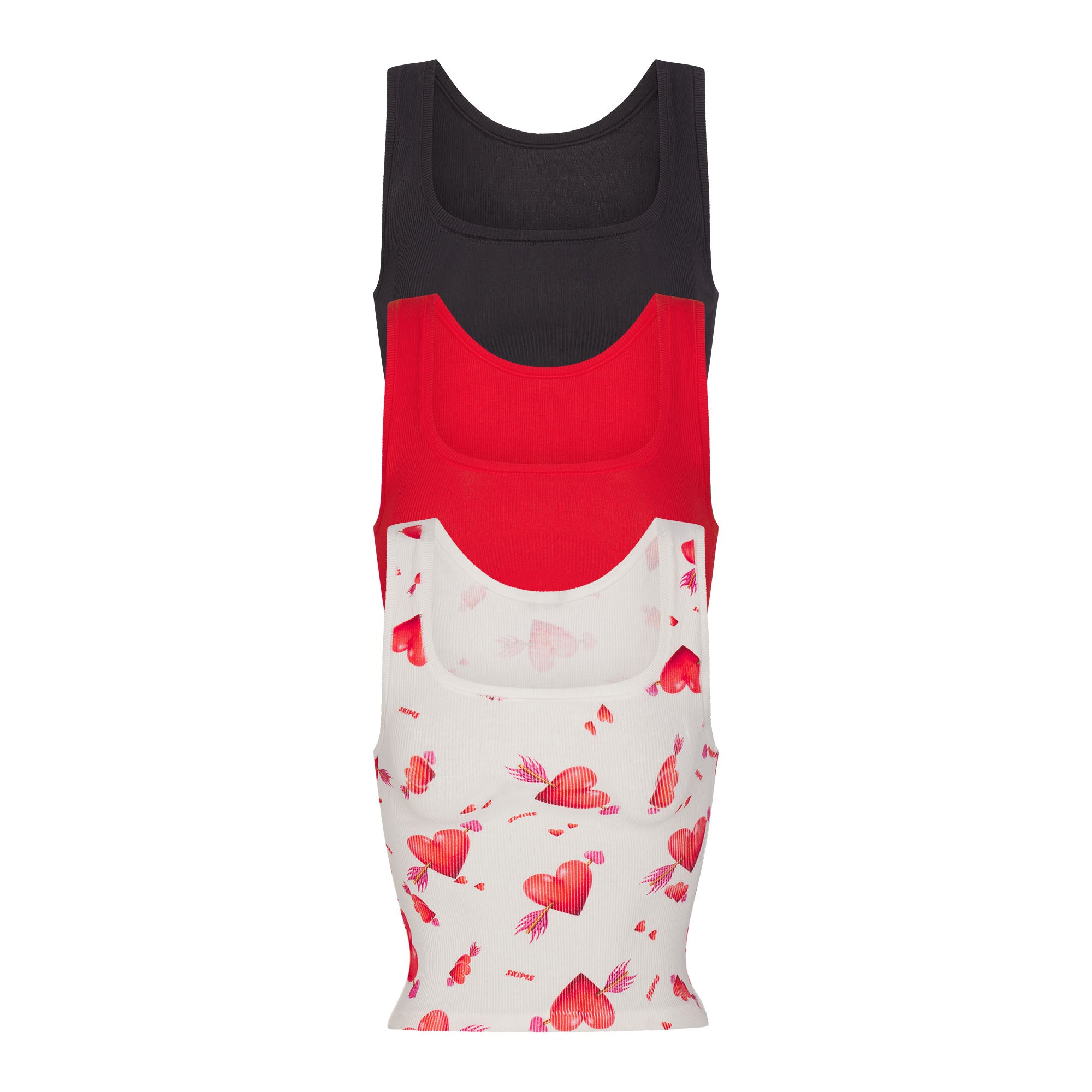 COTTON RIB TANK 3-PACK | HEART AND ARROW MULTI LAYS FLAT ON A WHITE BACKGROUND