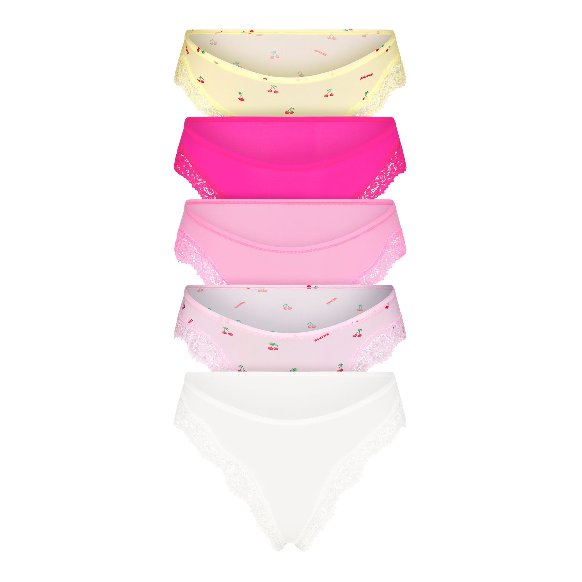 FITS EVERYBODY LACE CHEEKY TANGA 5-PACK | CHERRY PRINT MULTI LAYS FLAT ON A WHITE BACKGROUND