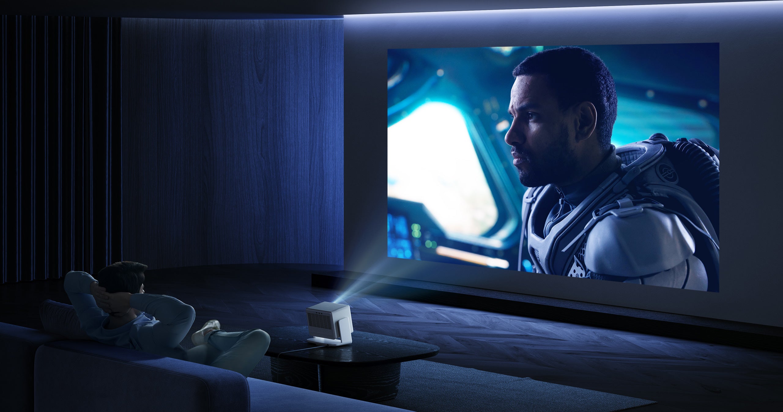 HORIZON S Max with built-in stand is a 4K movie projector with 3100 iSO Lumens. It is compatible for projecting in well-lit rooms.