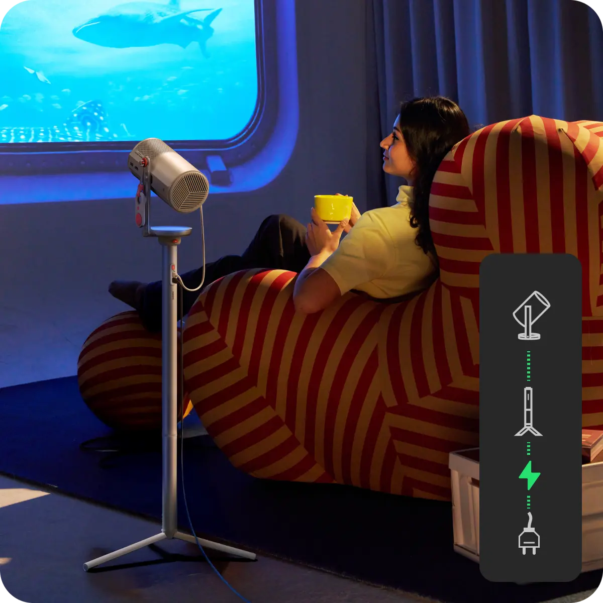 XGIMI PowerBase Stand for MoGo 4 Series - Seamless Power Switching for Uninterrupted Playback The adapter directly powers the projector when plugged in. Once unplugged, the projector automatically switches to the stand's power, ensuring uninterrupted projection.
