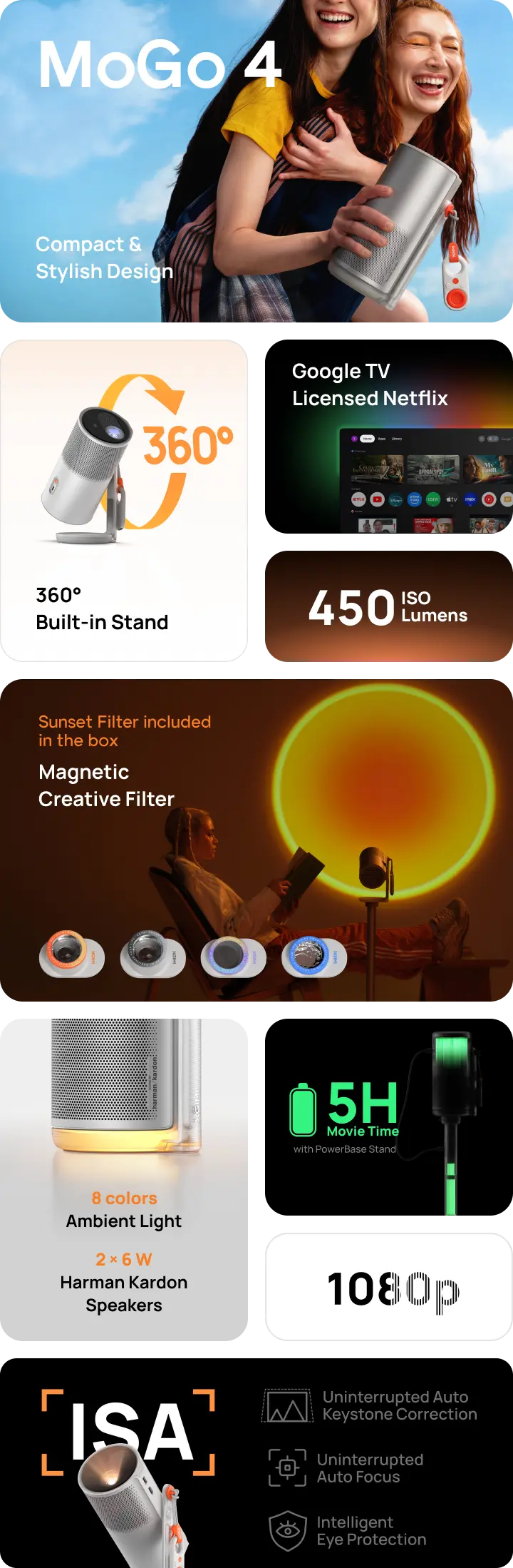XGIMI MoGo 4 Smart 1080p Projector highlights: Our Innovation, Your Style   Tilt, Play, Enjoy  Bigger Movie Nights   Set the mood with Magnetic Creative Filters  Speaker Mode & Ambient Light  5H Movie time 2.5H Built-in Battery 2.5H Powerbase Stand