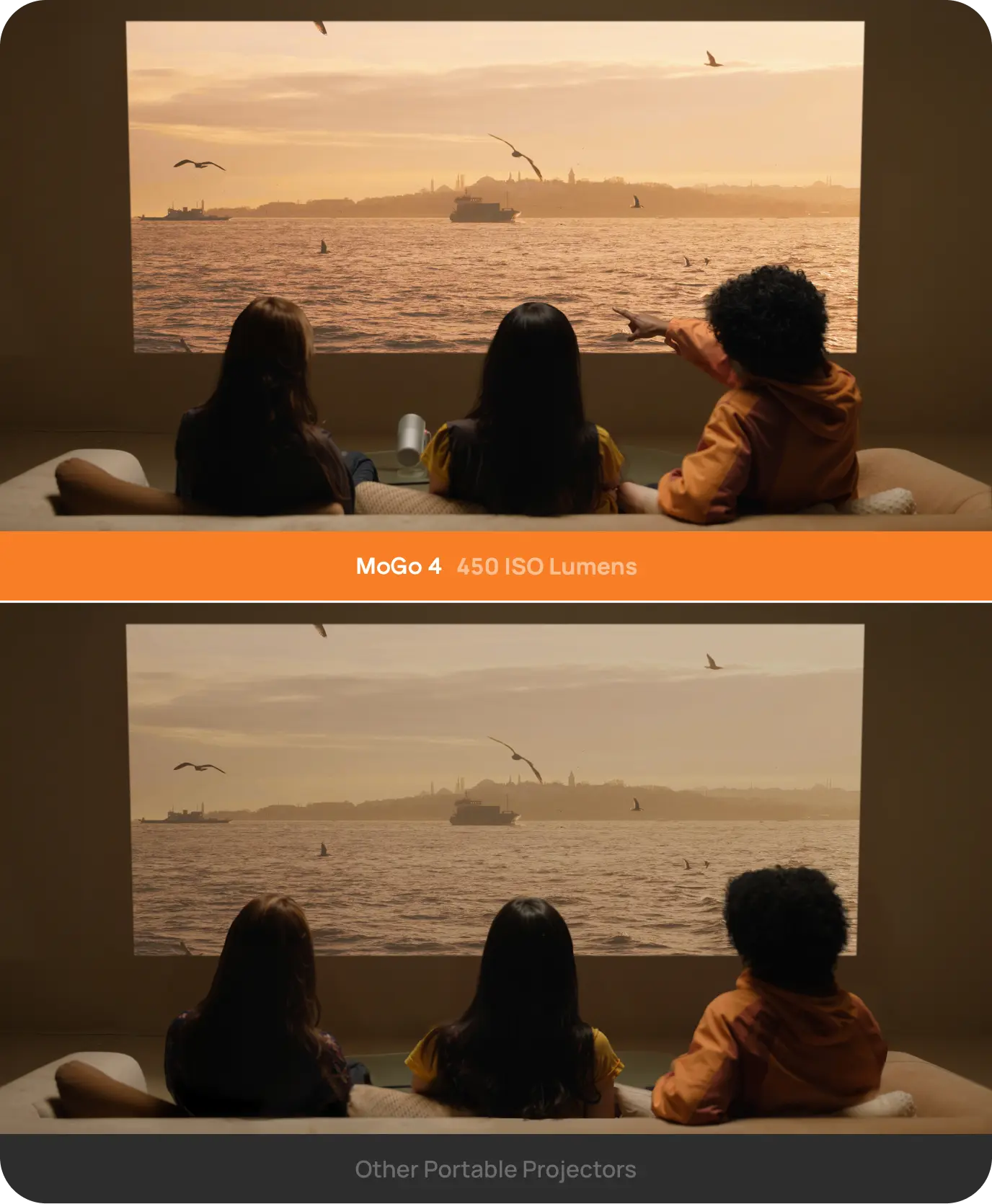 XGIMI MoGo 4 Smart 1080p Projector - 450 ISO Lumens Bigger, Better, Brighter  Go big and bold! Experience jaw-dropping visuals with exceptional brightness on the MoGo with an up to 120'' massive screen.