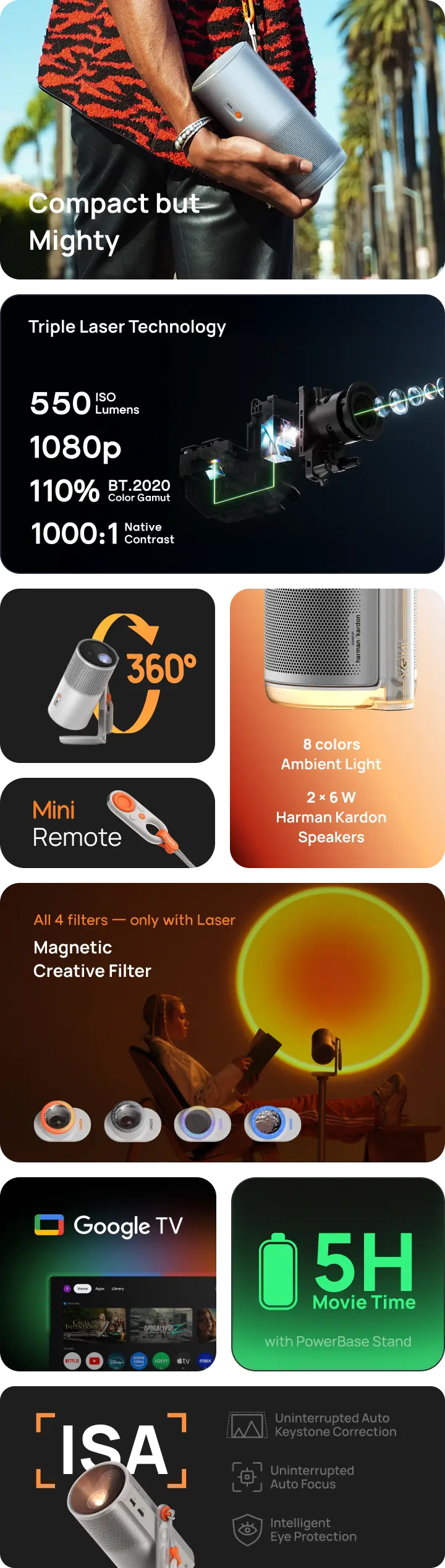 XGIMI MoGo 4 Laser Portable Triple Laser Projector - Superpowered by Triple Laser Technology 550 ISO Lumens 1080p 110% BT.2020 Color Gamut 1000:1 Native Contrast  Pull, Tilt, Play  Bigger Movie Nights   4 Filters in the Box Set the Mood with Magnetic Creative Filters  5H Movie time 2.5H Built-in Battery 2.5H Powerbase Stand  Harman Kardon Premium Sound