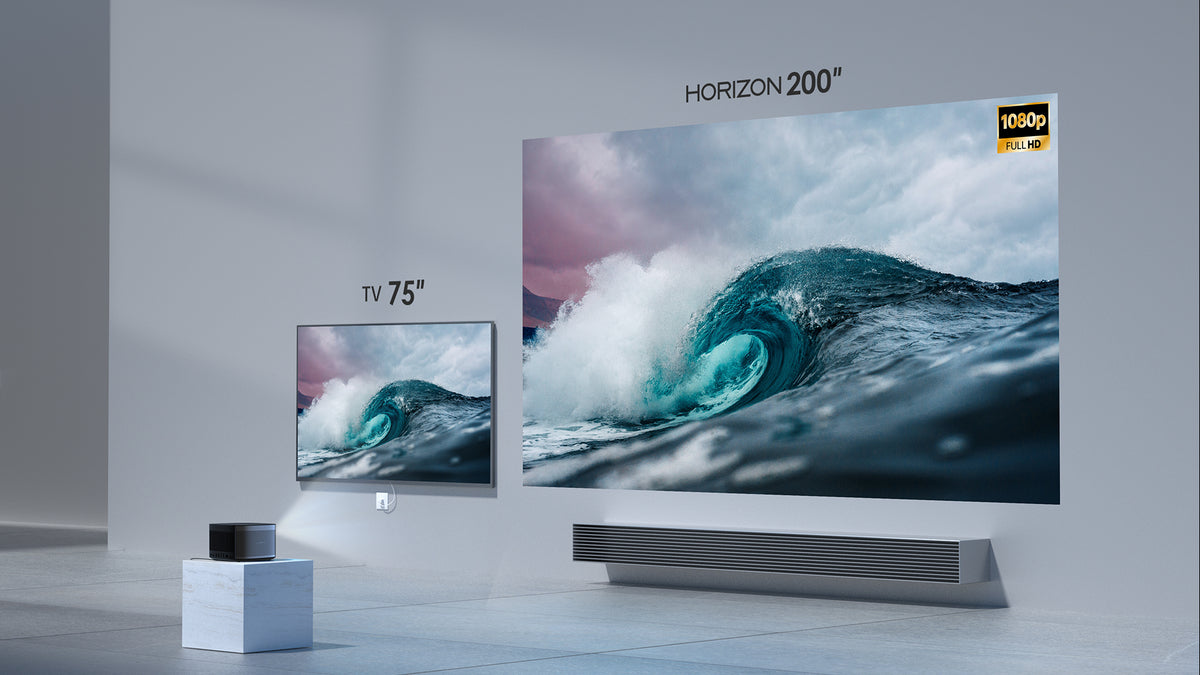 HORIZON brings you the crystal clear 1080p image quality, and a gigantic 200” screen. HORIZON brings you the crystal clear 1080p image quality, and a gigantic 200” screen.
