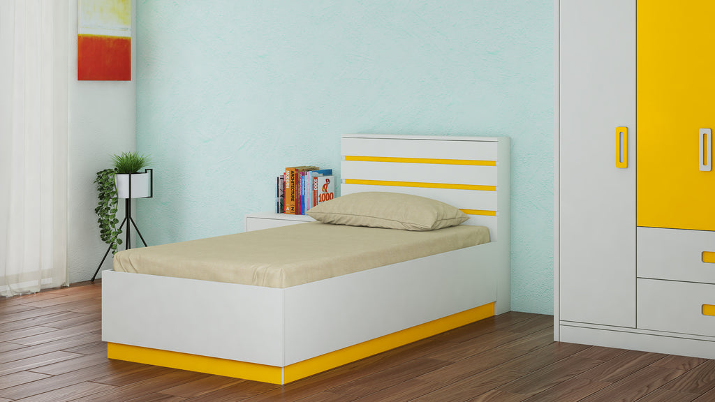 Adona Paloma Slatted Dual Color Headboard Kids Single Bed With Box Storage Ivory Mango Yellow Adona Woods
