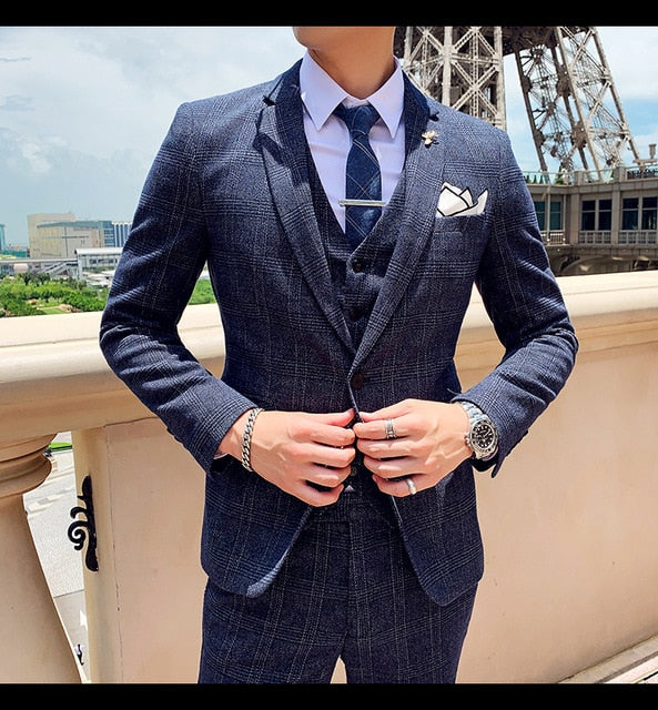 3 Pieces Costume Homme Coupe Sport Style Anglais Veste Un Bouton Coupe Ms