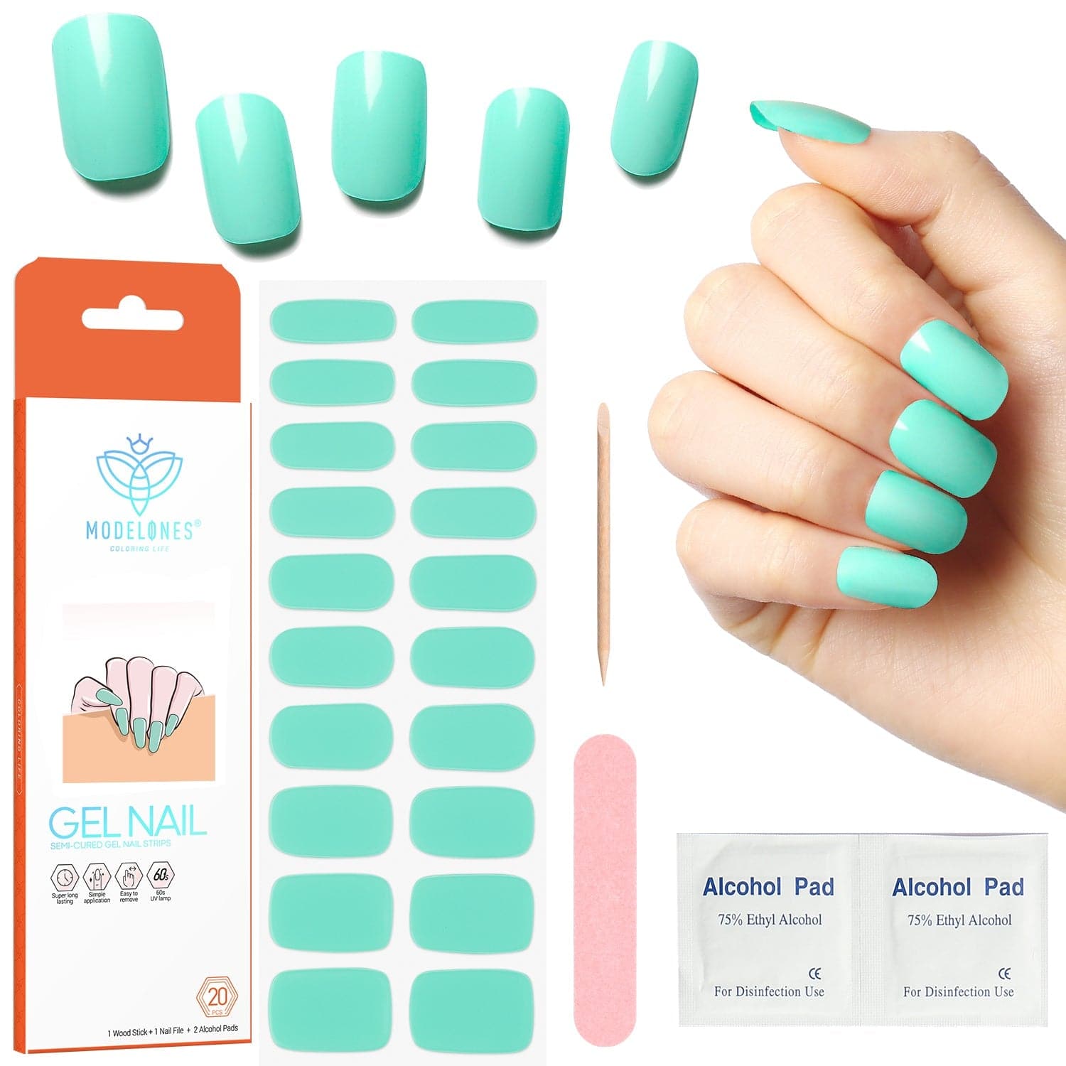 Modelones Mint Green Semi Cured Gel Nail Polish Strips 20pcs Full Nail Wraps Nail Art Sticker Diy At Home With Nail File Stick Uv Led Lamp Required