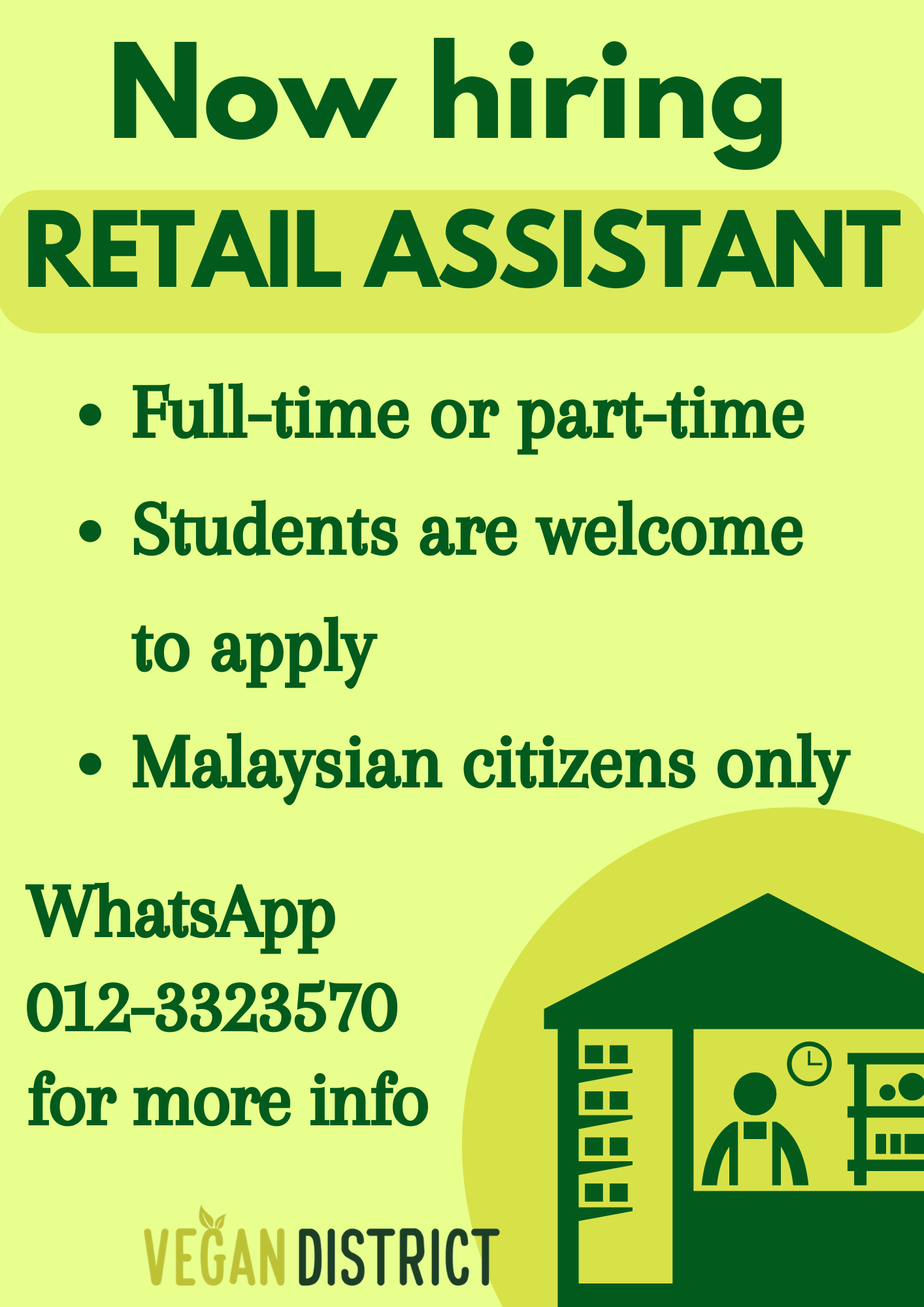 Now Hiring Retail Assistant Vegan District Malaysia