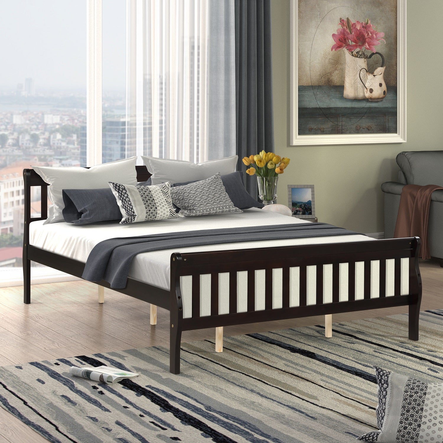 Queen Bed Frames Wood Platform Bed With Headboard Footboard And Slat Uhomepro