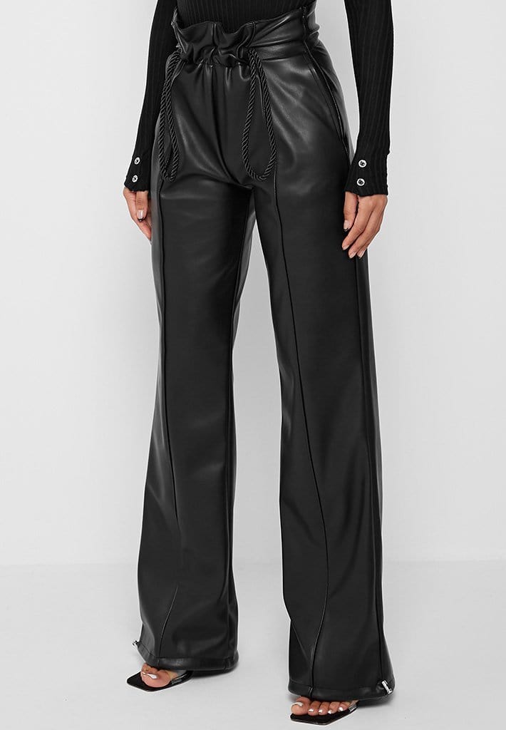 Rope Detail Vegan Leather Wide Leg Trousers Black Maniere De Voir