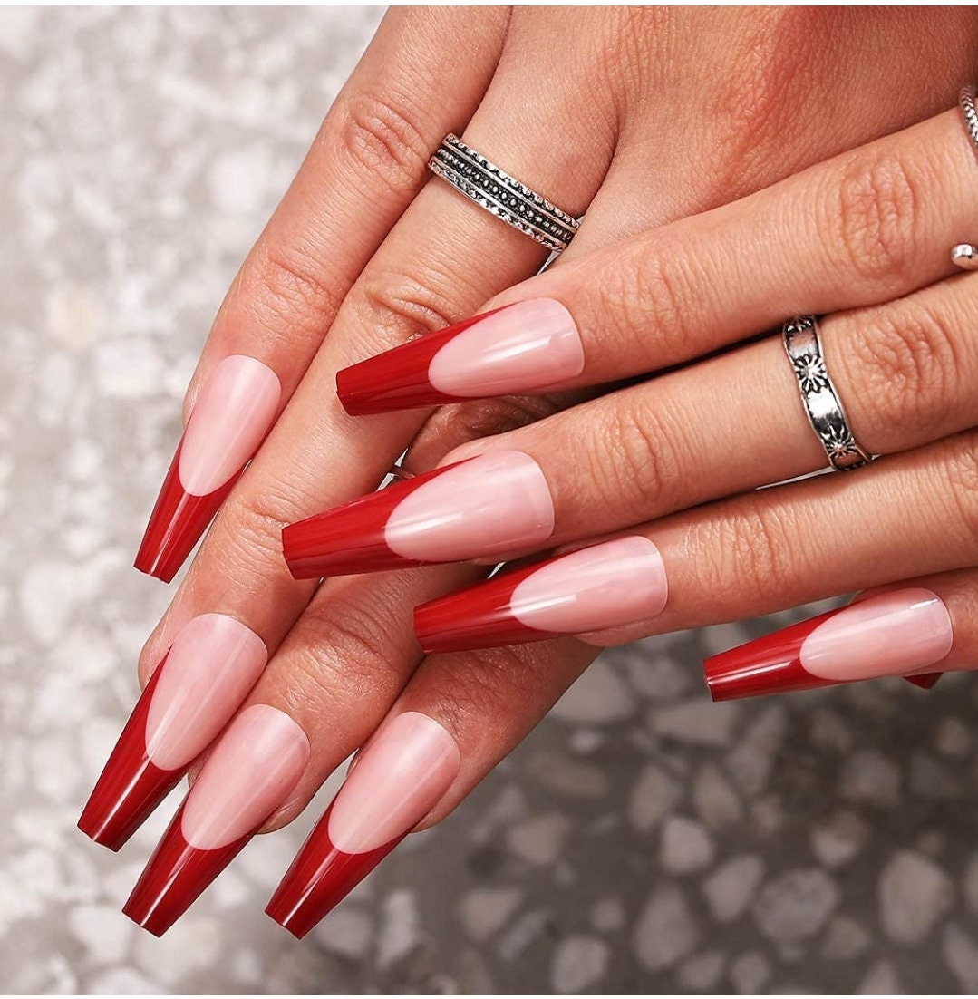24 Red French Tip Press On Nails Glue On Coffin Long Extra Manicure Nu Surethings Net