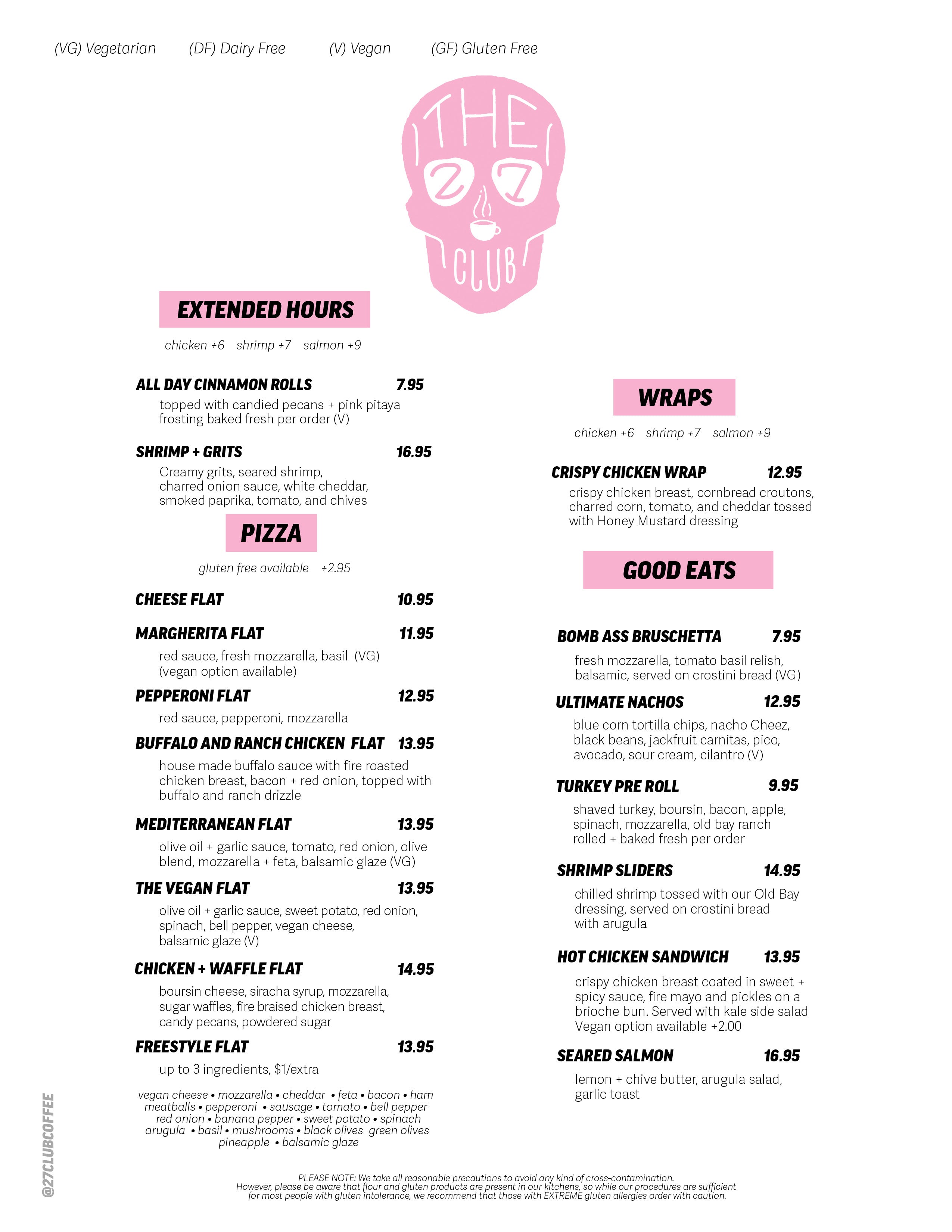 Late Night Menu 27 Club Coffee Llc
