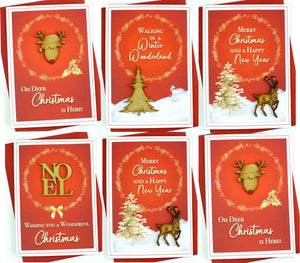 Pack Of 6 Luxury Christmas Cards Rustic Red Gold Design Bright Heart Design