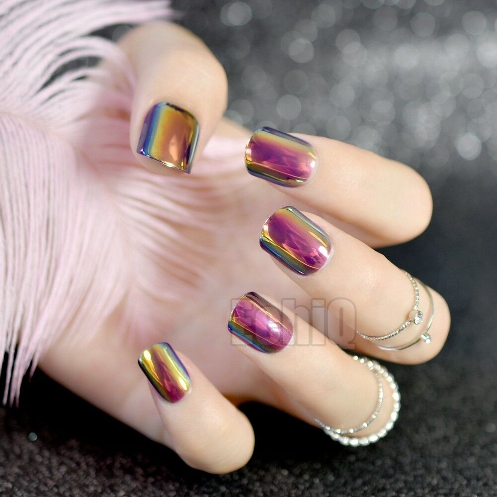 Dark Multi Mirror Short Square Round Stiletto Nails Ayyla