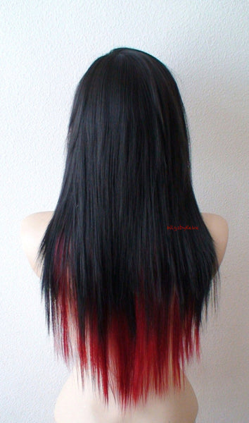 28 Black Red Ombre Long Straight Hair Long Side Bangs Wig Emo Wig S Kekewigs