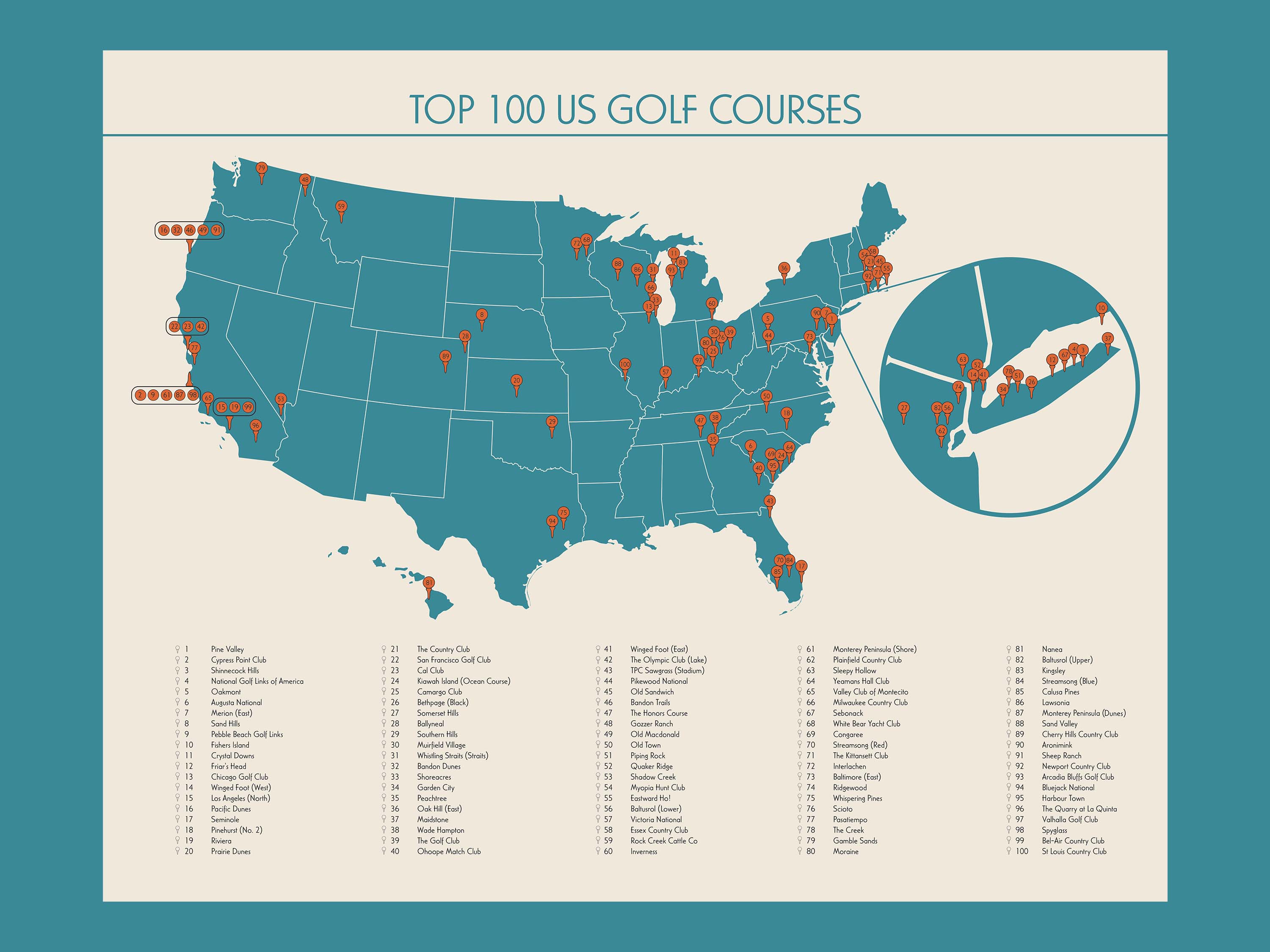 Top 100 Us Golf Courses Checklist Map Golf Art Minimalist Golf Prints
