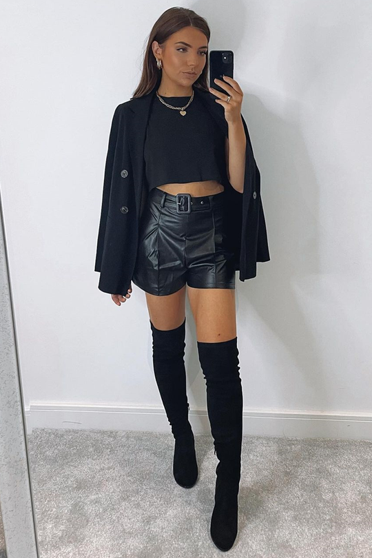 leather shorts outfit
