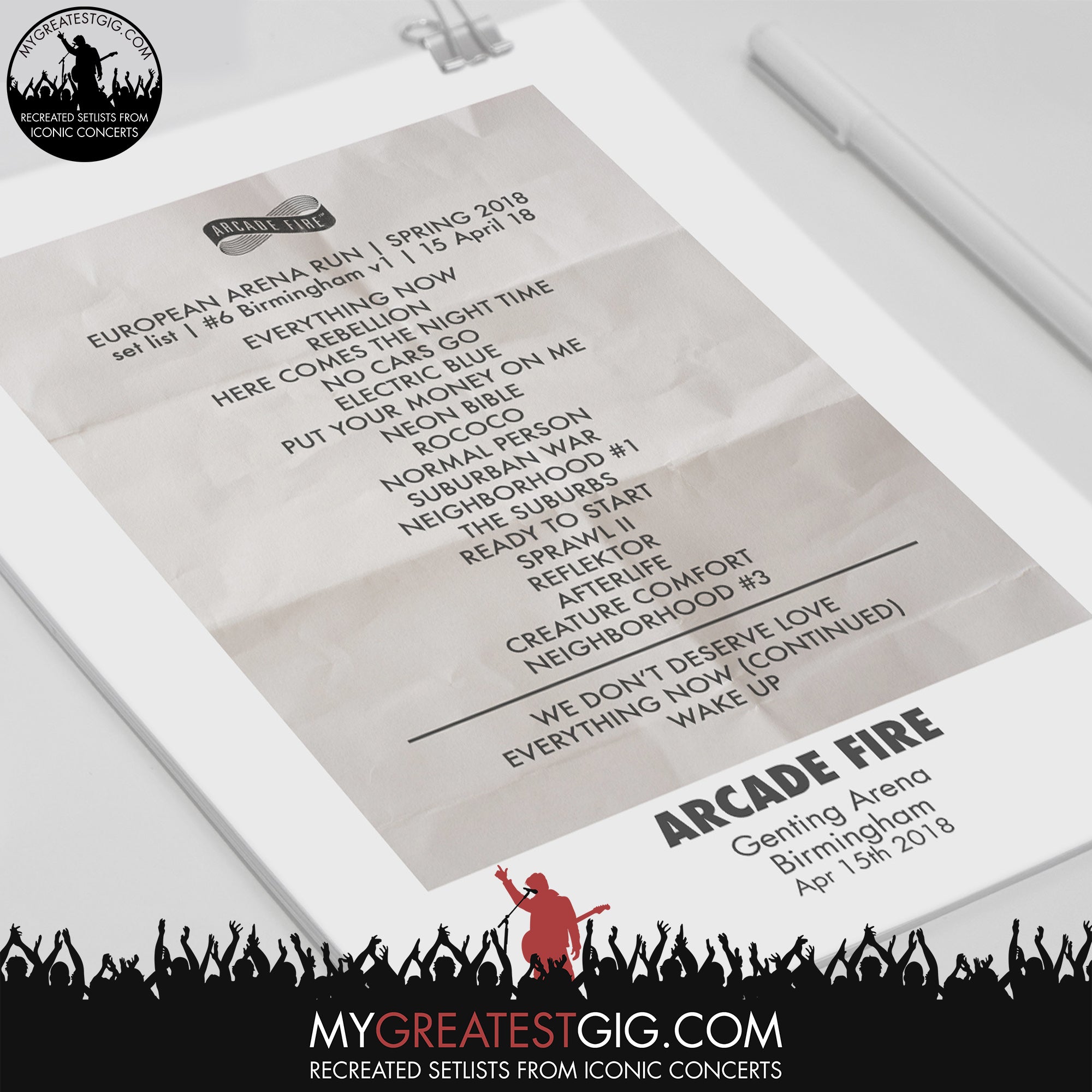 Arcade Fire Birmingham Apr 15th 2018 Recreated Set List Poster My Greatest Gig