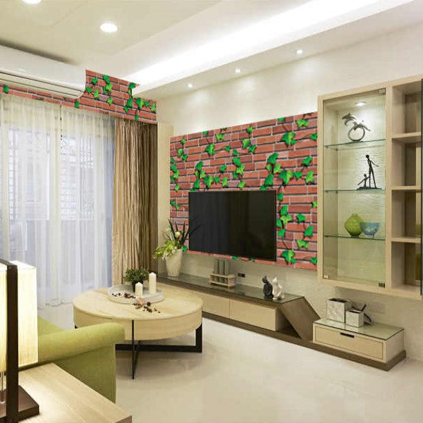 Jaamso Royals Brick With Green Leaf Self Adhesive Wallpaper Jaamso Royals