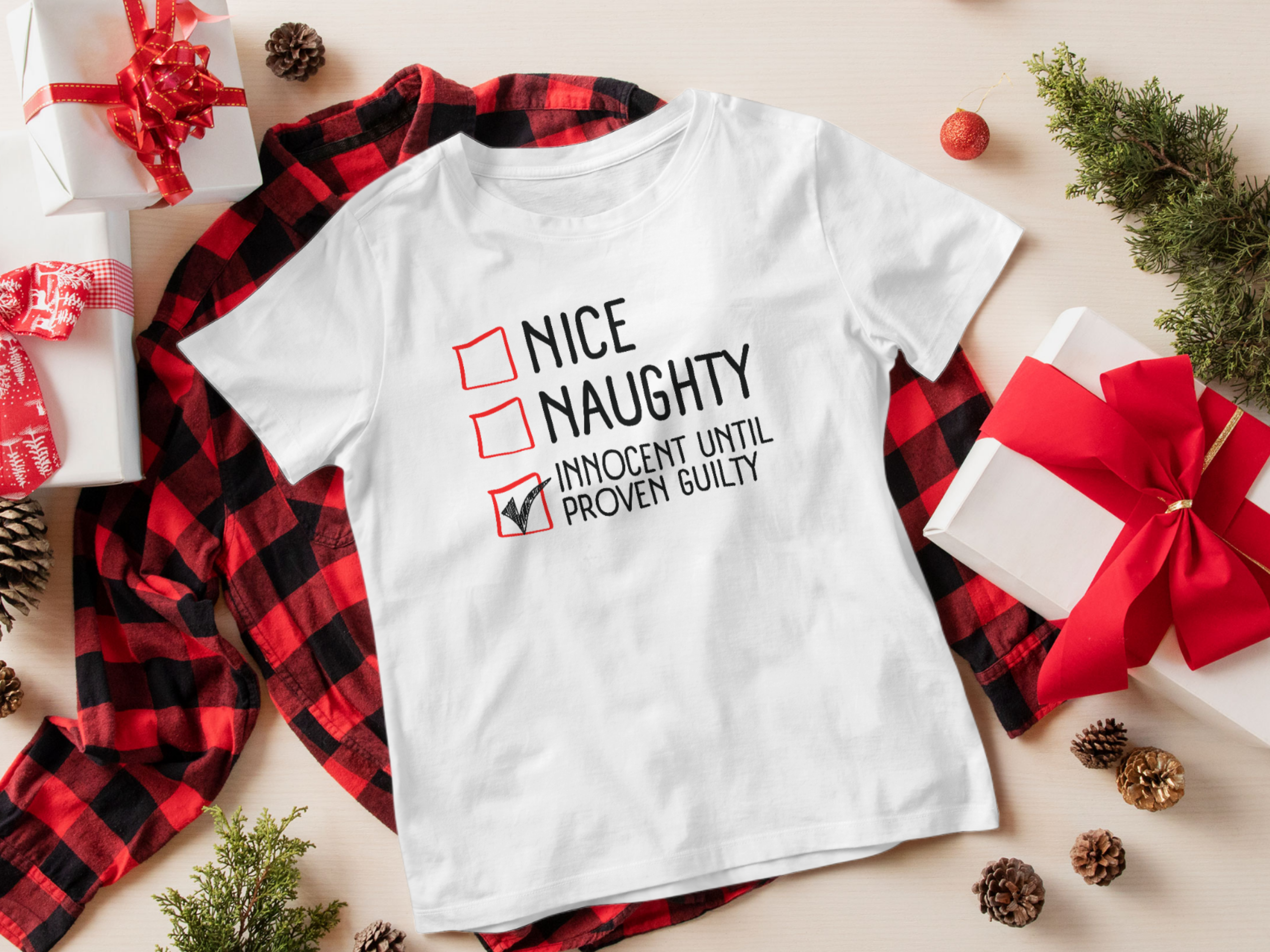 Funny Christmas Shirts For Men Women Nice Naughty Innocent Until Cinched Wear