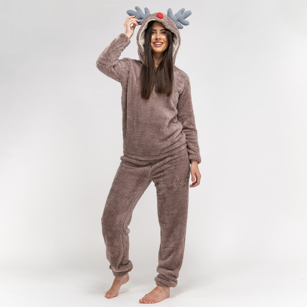 Combinaison Pyjama 2 Pieces Renne En Polaire Pour Femmes Taille S Xl Marron Creme Big Bertha Original Fr