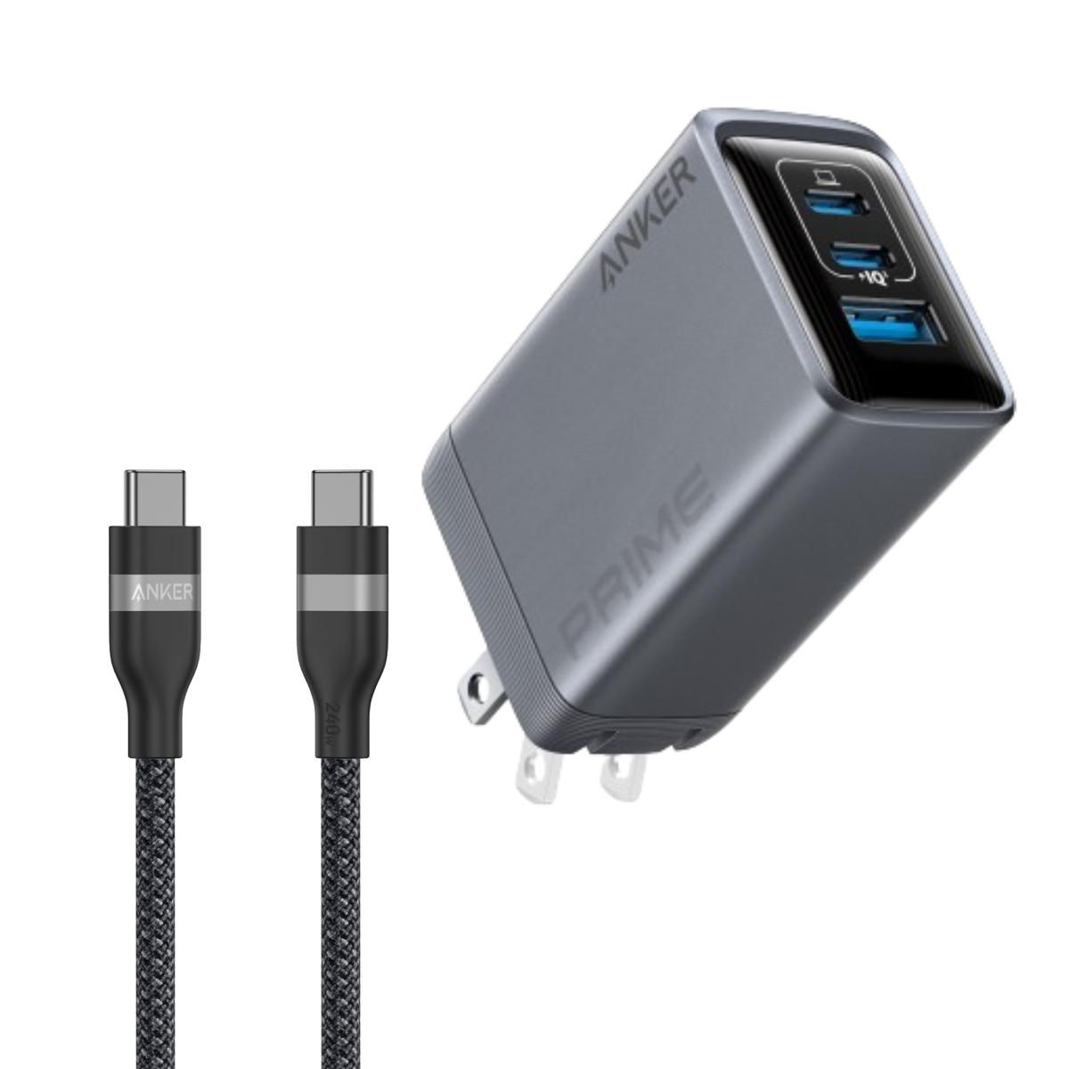 Anker Prime Charger (100W, 3 Ports, GaN) and Anker USB-C to USB-C Cable (3 ft / 6 ft, 240W, Upcycled-Braided)