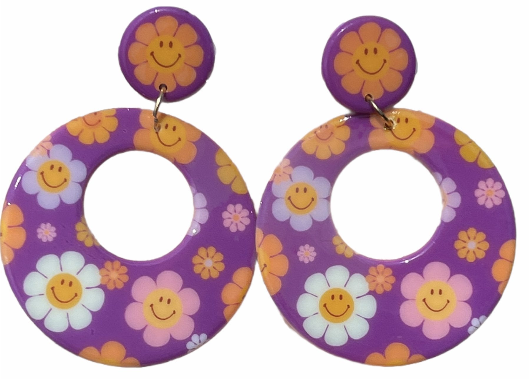 Purple Smiley Flower Power Chunky 60s Hoop Earrings Relic828