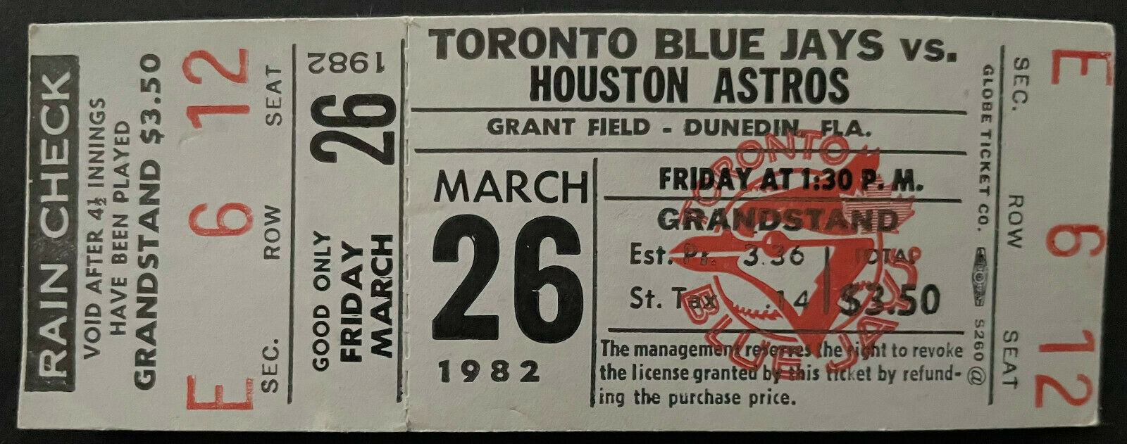 1982 Toronto Blue Jays Pre Season Ticket Vs Houston Astros Dunedin Flo Glory Days Sports
