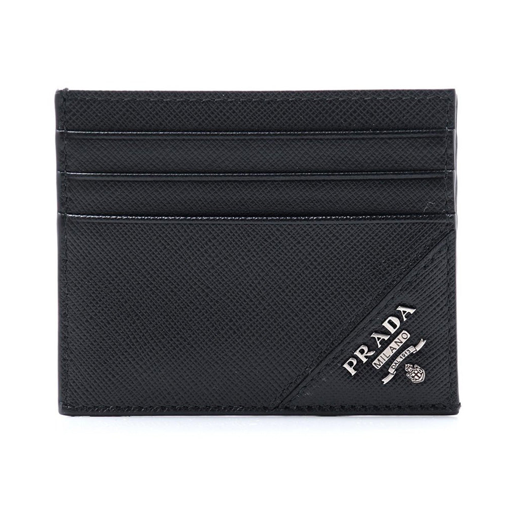 Prada Card Holder Saffiano Leather Lettering Metal Logo Card Holder Black Voila Id