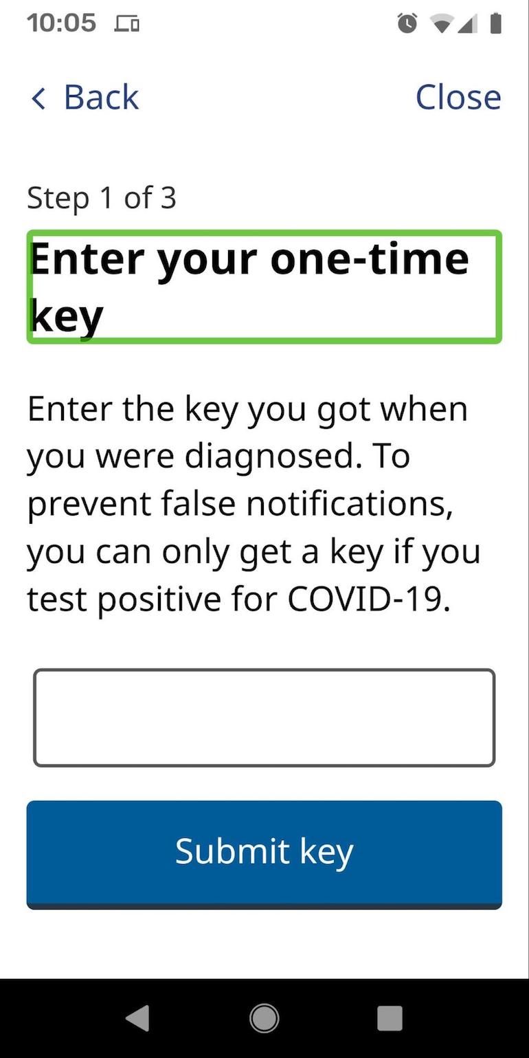 Screenshot of Covid Alert app. Heading, Enter you one-time key, is highlighted.