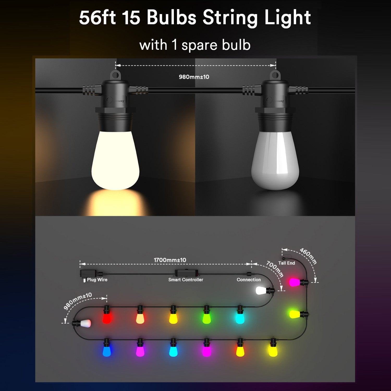 Lumary Smart 16 5m Led String Light Outdoor Rgbaicw Bulb Fairy Lights With 15 1 Bulbs