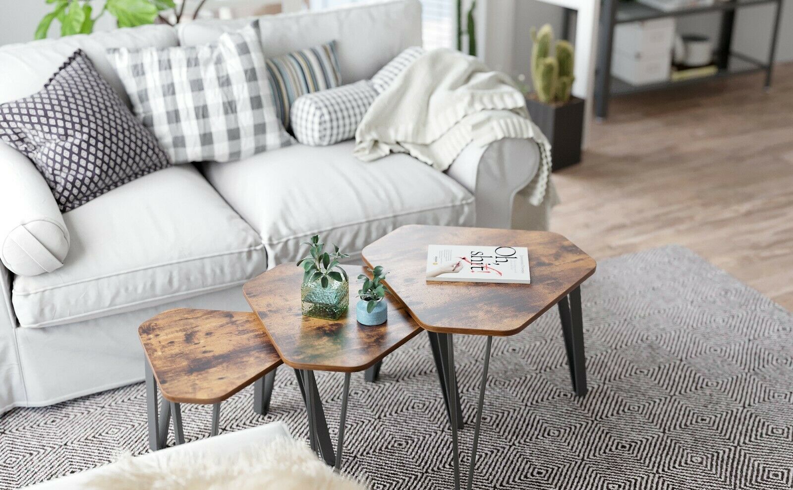 Nest Of Rustic Coffee Side Tables Set Of 3 Industrial Frame Hexagonal Mixology Market