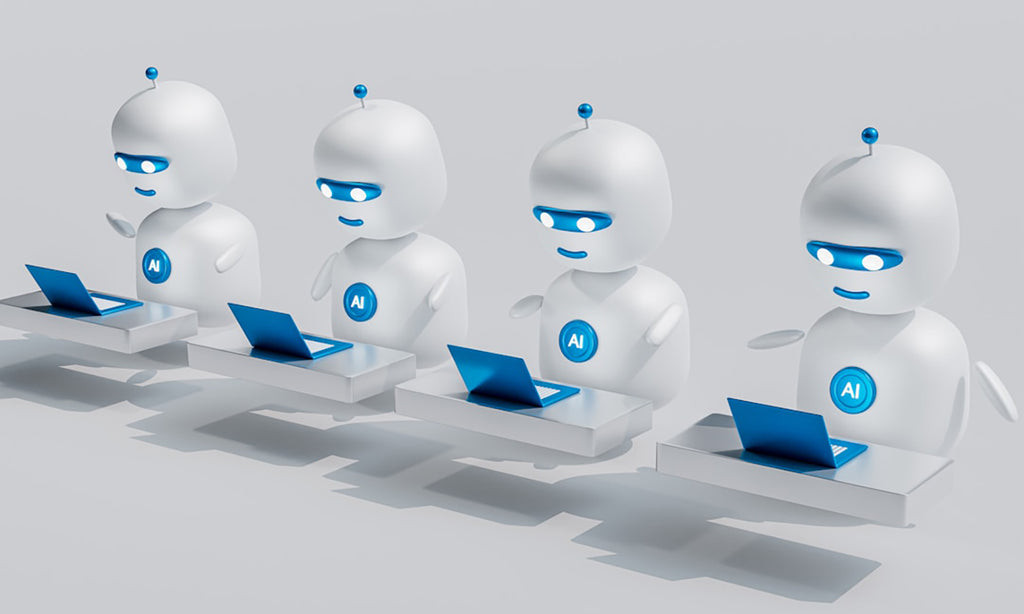 AI robots facing laptops, symbolizing the use of AI within contact center solutions