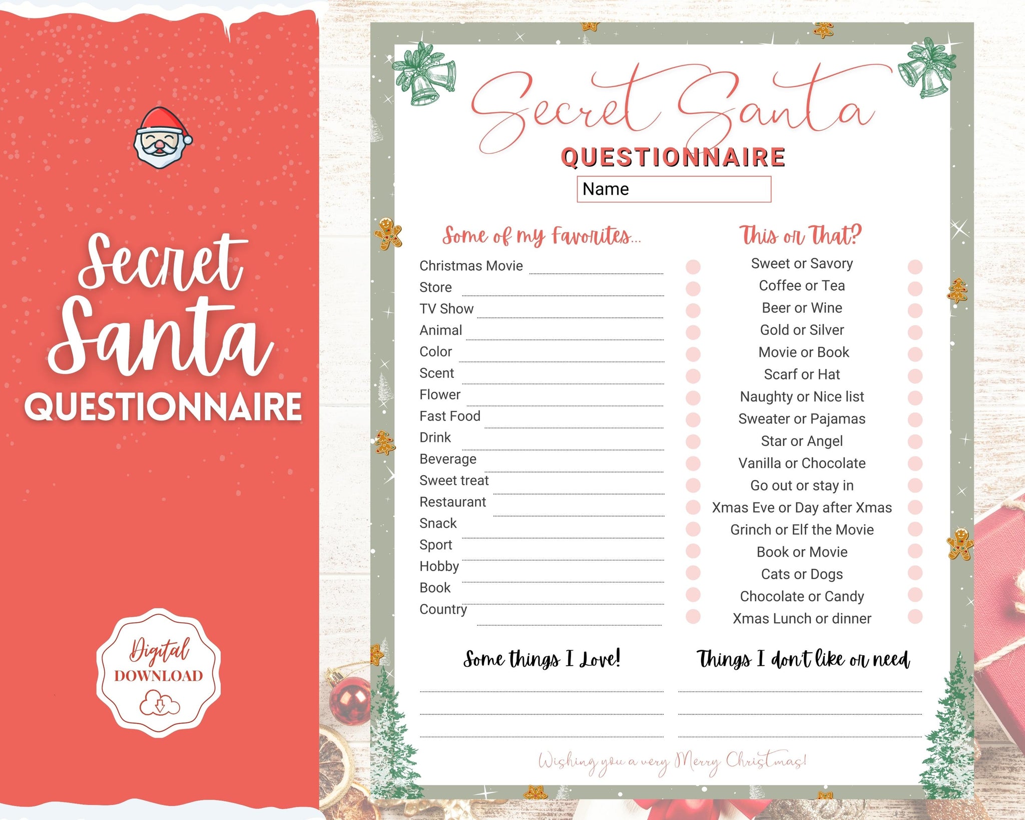 Secret Santa Questionnaire Printable Xmas Holiday Gift Exchange List