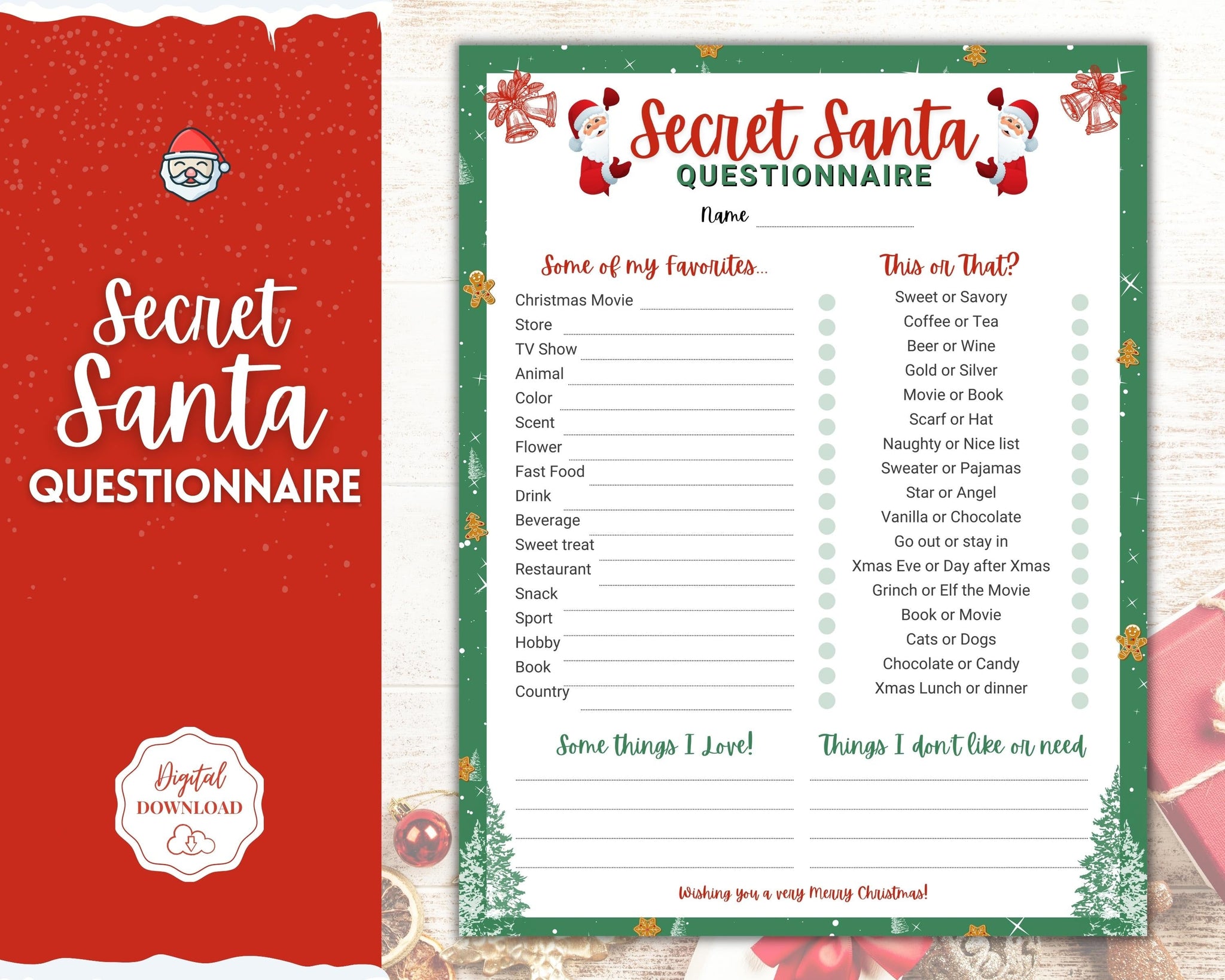 Printable Secret Santa Questionnaire Holiday Gift Exchange Form Work