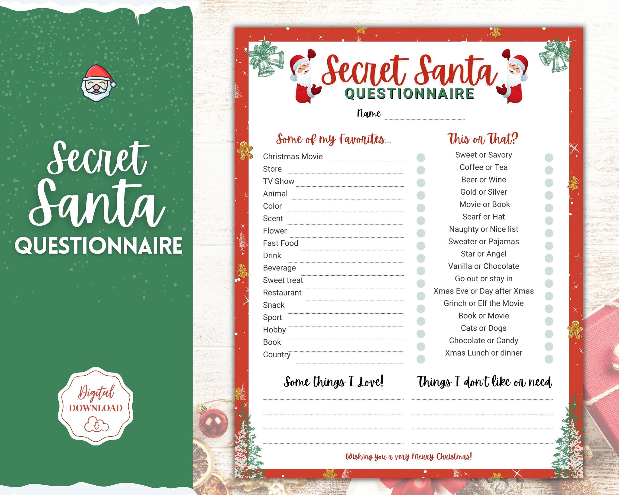 Secret Santa Questionnaire Printable Xmas Holiday Gift Exchange List