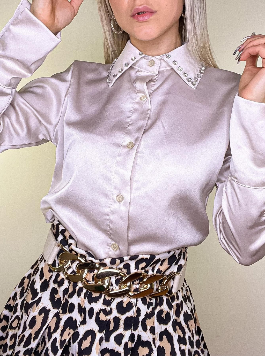 Camicia Donna Elegante Raso Bottone Frontale Colore Unico Beige Dolliqueen