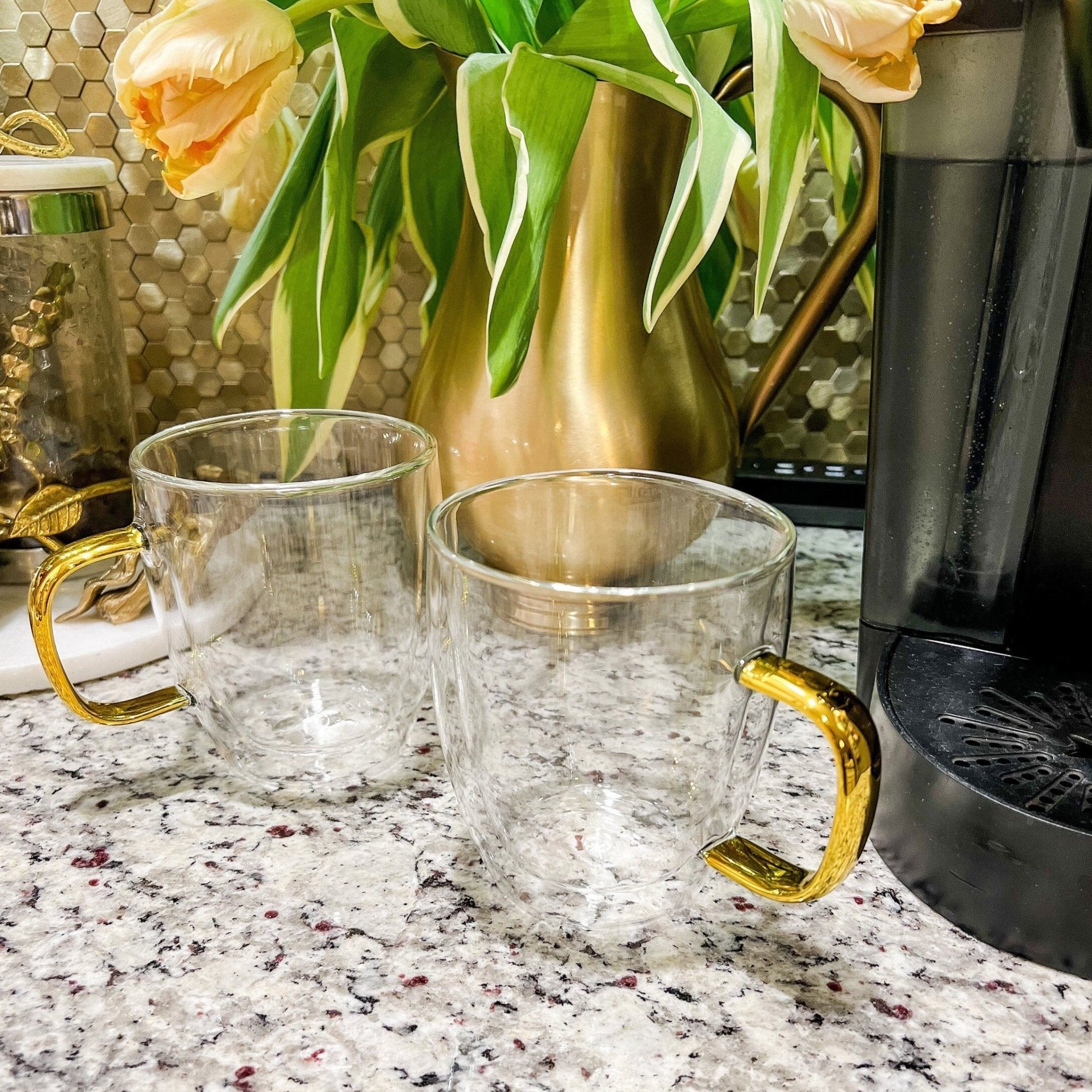Double Wall Glass Coffee Mug With Gold Metallic Handle 16oz Set Of 2 Coffee Cup