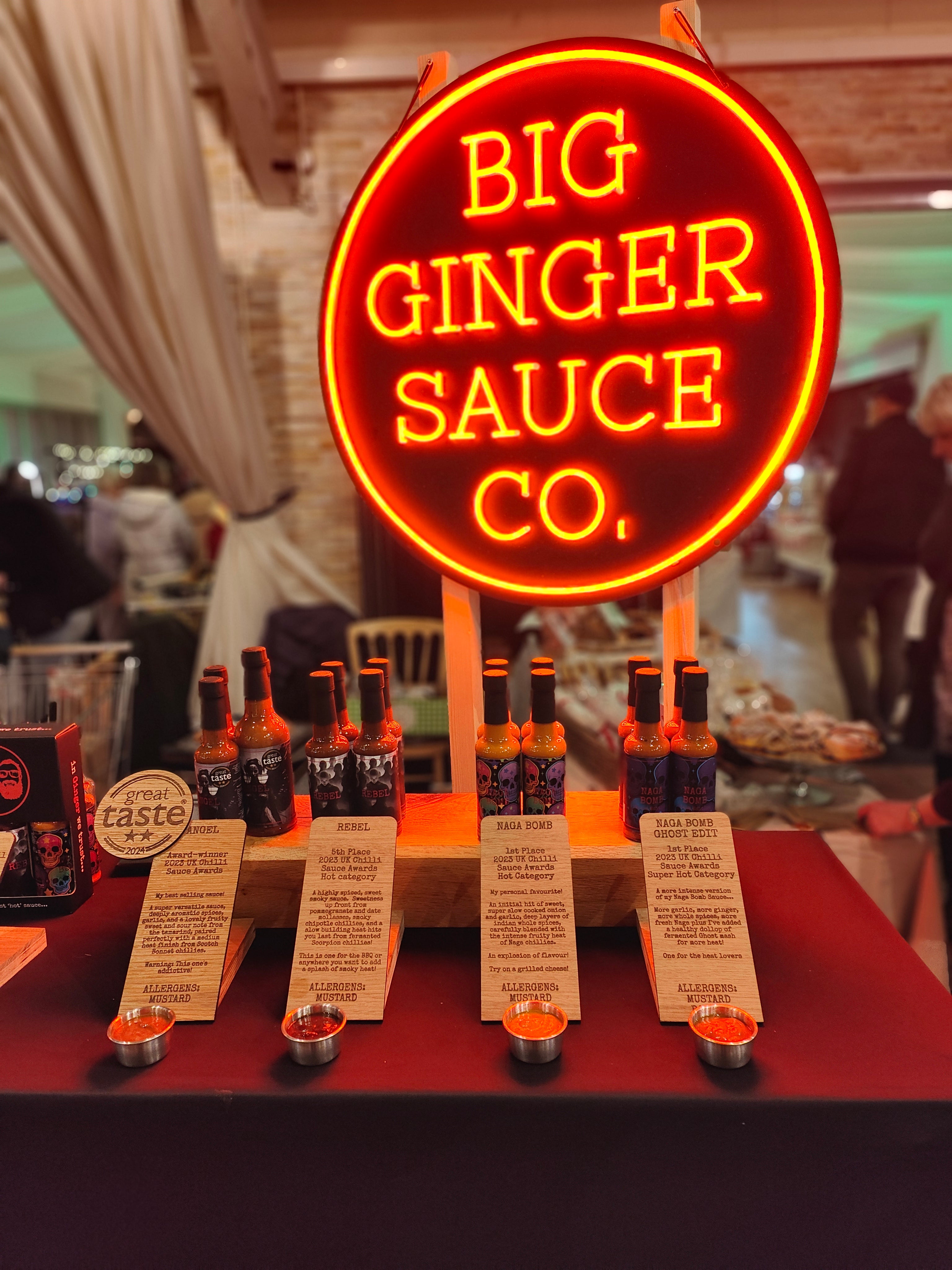 Custom neon signs for Big Ginger Sauce Co, chilli product stall