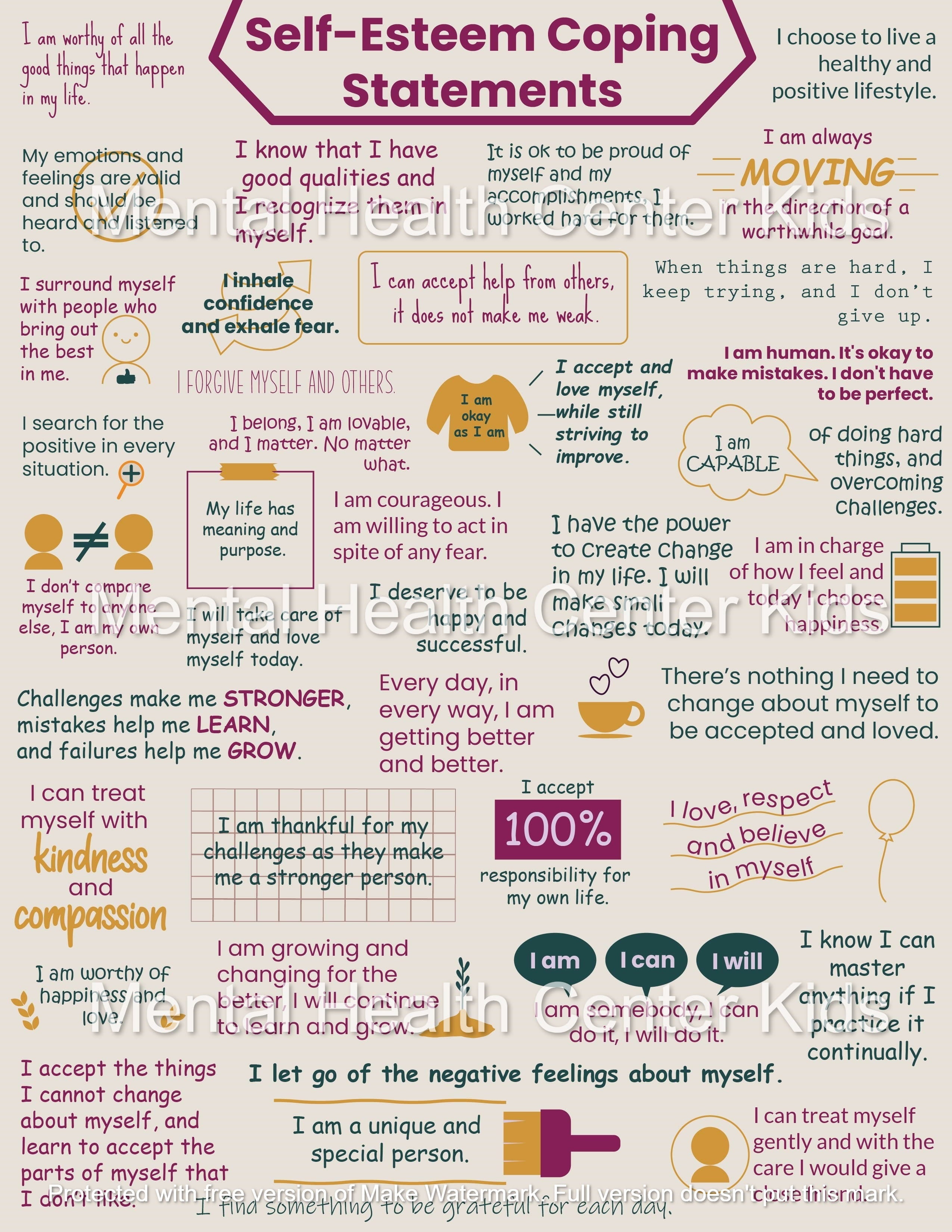 Positive Affirmations For Self Esteem Mental Health Center Kids