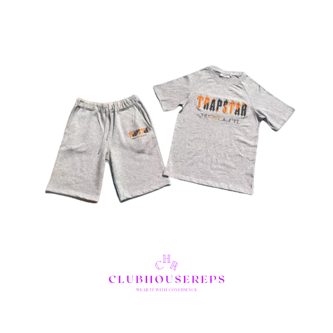 Trapstar Chenille Decode T Shirt Shorts Set Gray Orange Black Clubhouserepss