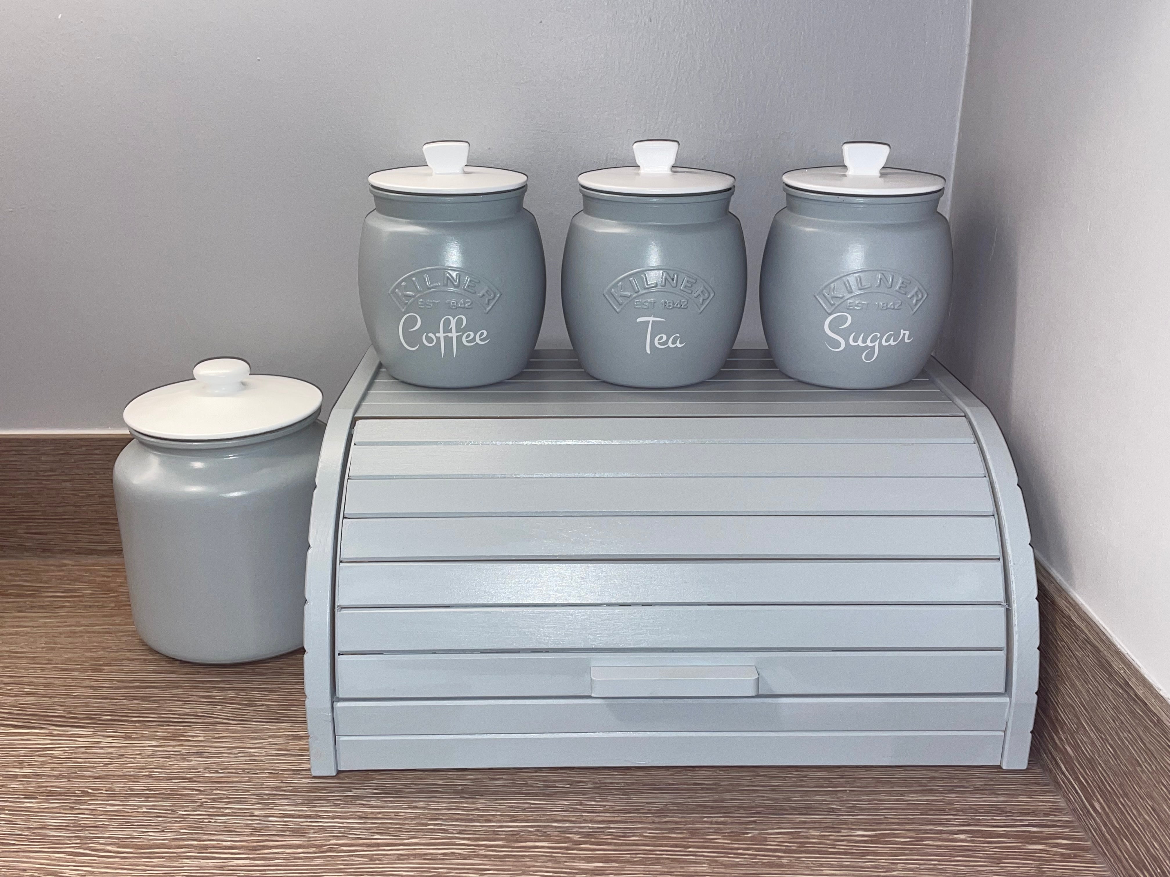 Tea Coffee Sugar Treats Glass Jars Wooden Bread Bin Duck Egg Blue Unique Kitchen Storage